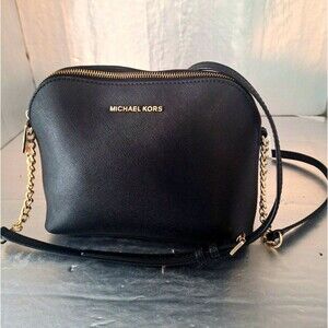 Michael Kors Medium Black Crossbody Purse with Leather and Gold Chain Strap